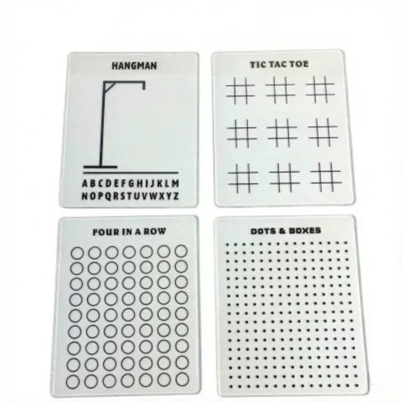 Travel Board Game Set, 4 Pcs 2D Flat Erasable Boards with Tic Tac Toe, Hangman, Four in a Row & Dots and Boxes, Portable for Travel & Classroom