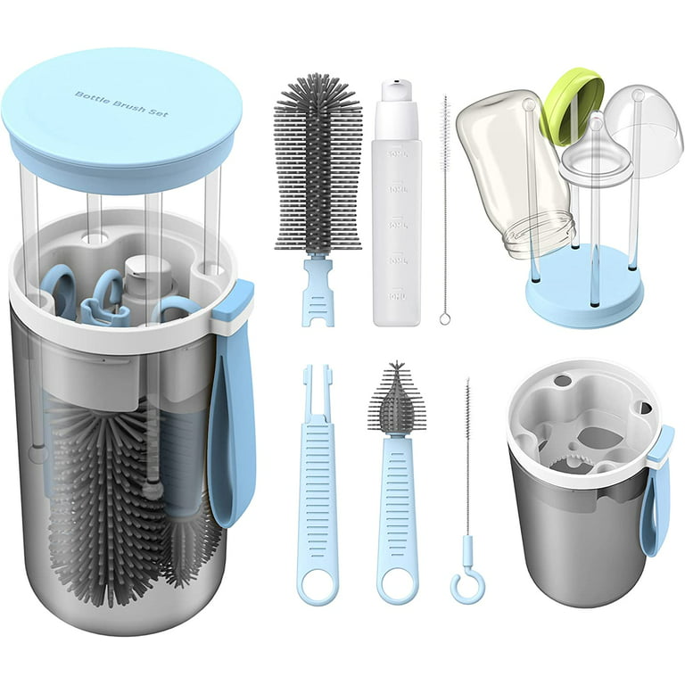 Travel Bottle Brush Set with Stand, Portable Baby Bottle Cleaning Kit  Includes Nipple Brush and Straw Cleaner Brush (Blue)