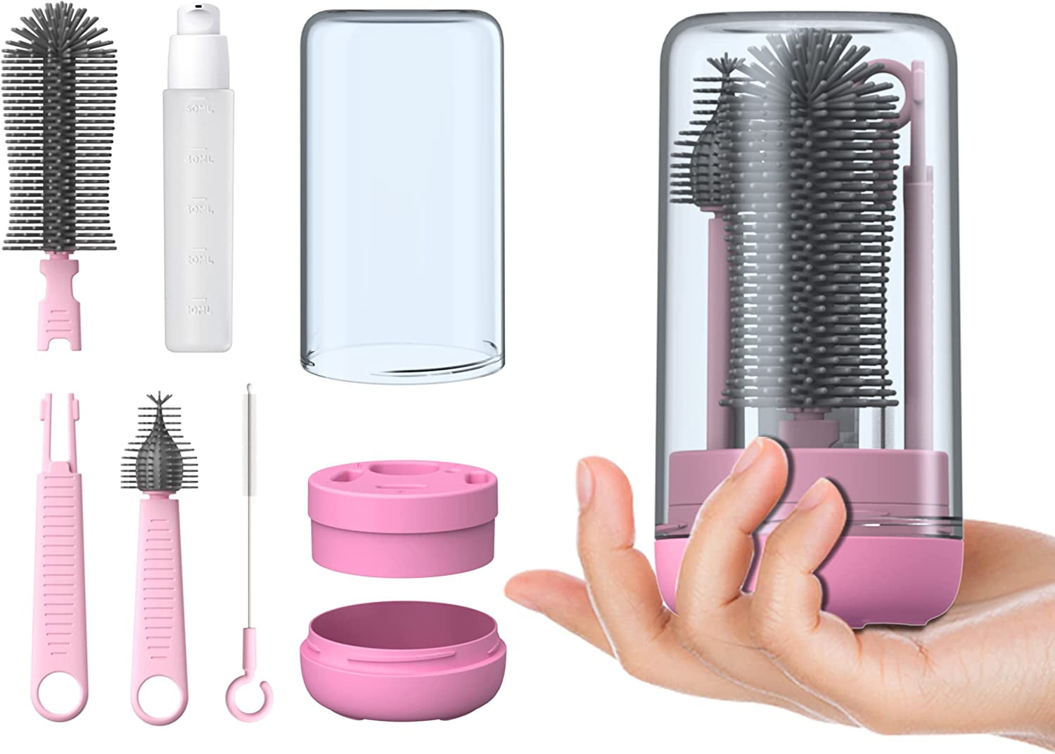 Travel Bottle Brush Set with Stand, Portable Baby Bottle Cleaning Kit  Includes Nipple Brush and Straw Cleaner Brush (Pink) 