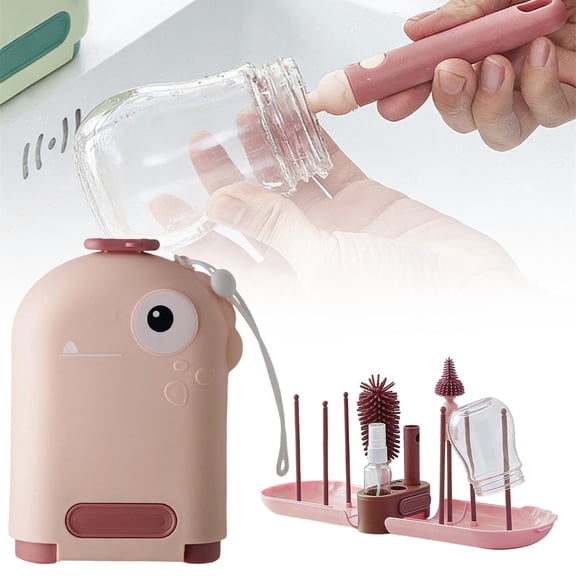 Travel Bottle Cleaner Kit Compact Portable Baby Bottle Brush Cup Drying Rack with 6 Draining Support Pole 6-In-1 Portable Brush Set with Drying Rack Travel Bottle Washing Kit for Home Travel,Pink