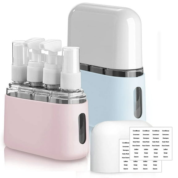 Travel Bottle Set,8 Pack TSA Approved Leakproof Travel Size Toiletry Containers,Refillable Lotion and Spray Bottles with Labels and Storage Box,Blue & Pink