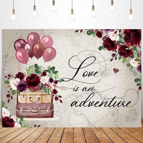 Travel Bridal Shower Backdrop Love is an Adventure Traveling Wedding Photography Background Red Rose Suitcases Pink Balloons Miss to Mrs Engagement Party Decorations Banner Photo Booth Props