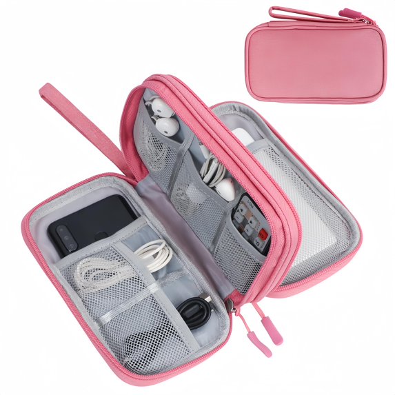 Travel Cable Organizer Bag Pouch Electronic Accessories Carry Case Portable Waterproof Double Layers All-in-One Storage for Cord, Charger, Phone, Earphone(Pink)