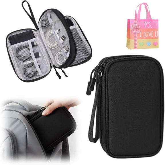 Travel Cable Organizer Pouch, Double Layers Electronics Cable Organizer Box, Portable Waterproof Double-Layer Travel Cable Storage Bag, For Cord, Charger, Phone, Earphone (Black+Gift bag)