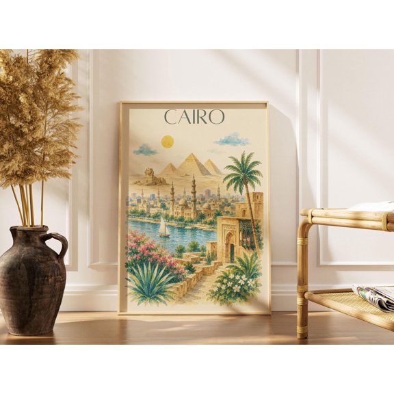 Travel Cairo Egypt Egyptian City Desert Watercolor Middle East Architecture Vacation Poster , Poster Print Only