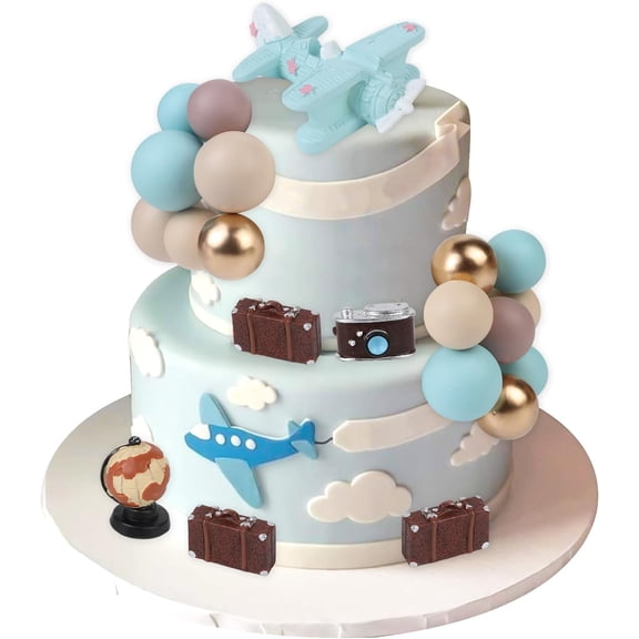 Travel Cake Decorations - Travel Theme Blue Airplane Camera Globe Suitcases Cake Cupcake Toppers Ball Dessert Picks, Travel Theme Baby Shower Birthday Party Celebration Photo Props