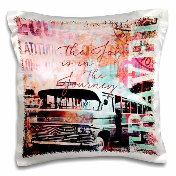 3dRose, Travel Camper Van Mixed Media Art With Text The Joy Is In The Journey, 16x16 inch Pillow Case