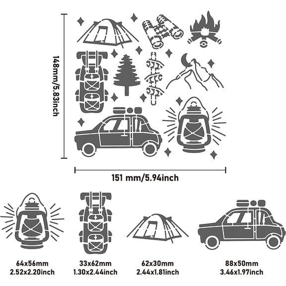 Travel Camping Metal Stencil Car Lamp Telescope Tent Fire Pattern Stainless Steel Stencils Journal Template for Wood Burning Engraving Painting Scrapbooking 6x6"