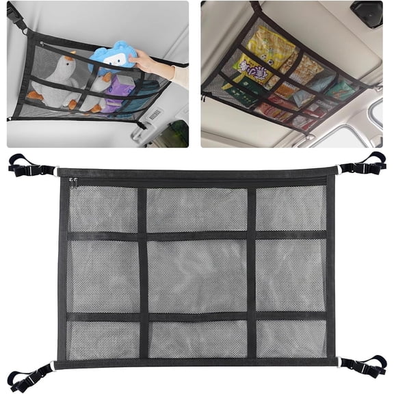 Travel Cargo Net SUV Ceiling Cargo Net Pocket,80 x 55 cm Adjustable Double Large Car Ceiling Storage Net, Mesh Car Roof Organizer Long Trip Storage Bag for SUV Long Trip Camping (Black)