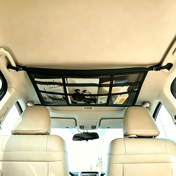 Adjustable Double Layer SUV Ceiling Cargo Net, Car Roof Storage Mesh Organizer Bag for Camping Travel Long Trips, Black
