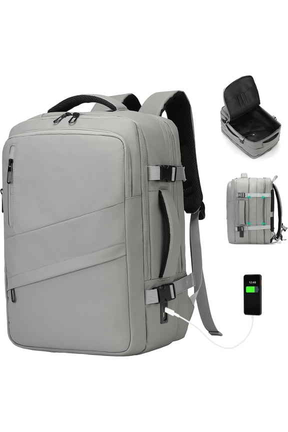 Travel Carry Backpack, 18.9" Flight Approved, Expandable Weekender Bag with USB A/C Port, Equivalent to 18" Suitcase, Gray