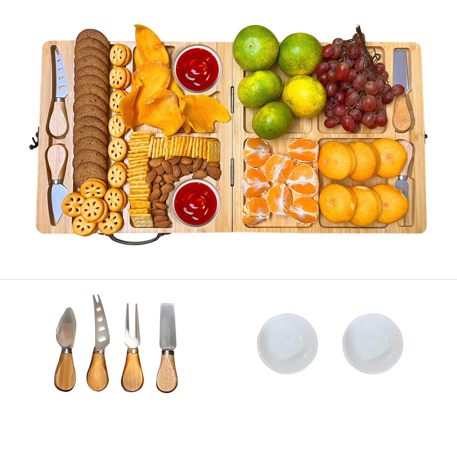 Travel Charcuterie Boards, Bamboo Cheese Board Set, Foldable Cheese Plate, Great Gift for Picnic
