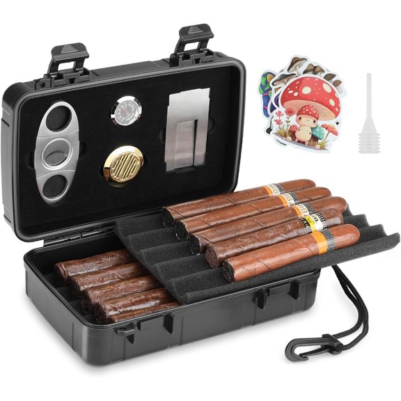 Travel Cigar Case Holds 10 Cigars, Portable Humidor Includes Cutter, Humidifier, Hygrometer - Accessories Set for Men (Black)