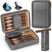 Travel Cigar Humidor Box Leather Cigar Case with Cigar Lighter Cedar Wood Lined Hygrometer & Humidifier, Cigar Holder Cigar Punch Portable Cigar Humidor Kit Gift for MenNo Butane,Hold 7 Cigars