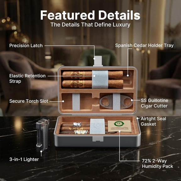 Travel Cigar Humidor Box for 7 Cigars - Aluminum & Spanish Cedar Case with 72% Humidity Pack, 3-in-1 Lighter and Cutter Kit