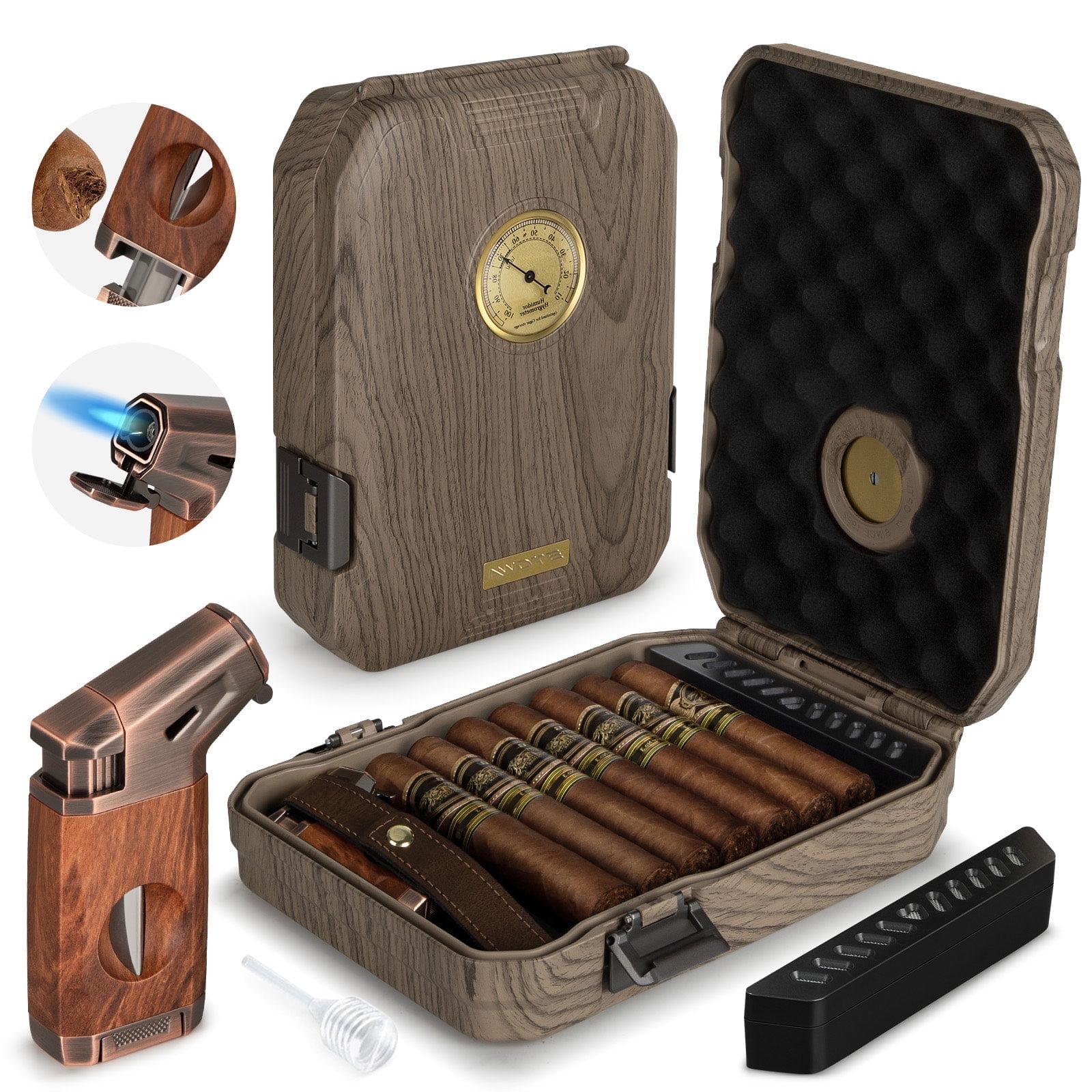 Travel Cigar Humidor Cigar Case with Cigar Lighter, Cedar Lined Cigar Box, V Cut Cigar Cutter, Portable Cigar Humidor with Humidifier \u0026 Hygrometer, Holds 7-9 Cigars Gift Set for Men Cigar Lovers