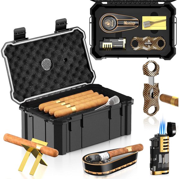 Travel Cigar Humidor Set with Torch Lighter, V Cutter, Ashtray, Holder, Humidifier & Hygrometer, Portable Case Accessories Kit, Gifts for Men