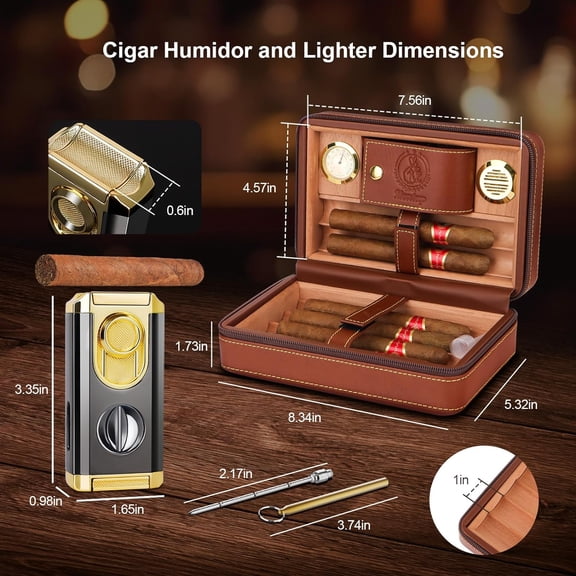 Travel Cigar Humidor with Hygrometer & Humidifier, Cedar Wood Lined, Leather Case, Cigar Lighter, V Cutter & Holder
