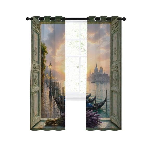Travel Cityscape Blackout Curtains for Bedroom Living Room, Open Window Sunset Europe Canal Scenic Rustic 39 In Long Thermal Insulated Room Darkening Drapes Grommet Window Treatments, 27.5 x 39 In