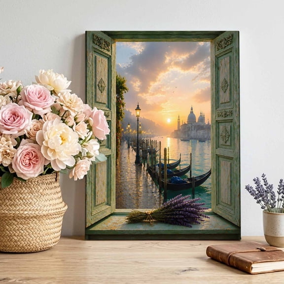 Travel Cityscape Canvas Wall Art for Living Room, Open Window Sunset Europe Canal Scenic Rustic Wall Decor Framed Artwork Pictures Ready to Hang for Bedroom Office Home Decor 11x14 Inch