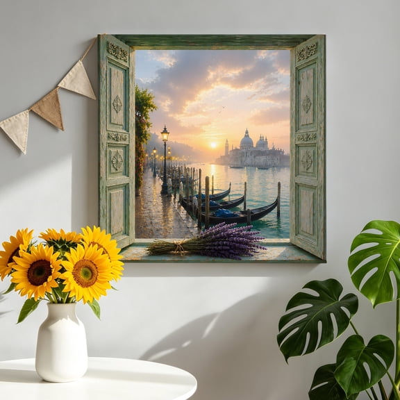 Travel Cityscape Canvas Wall Art, Open Window Sunset Europe Canal Scenic Rustic Framed Canvas Wall Decor Picture Print Artwork Decorations for Living Room Office Ready to Hang 10" x 10"
