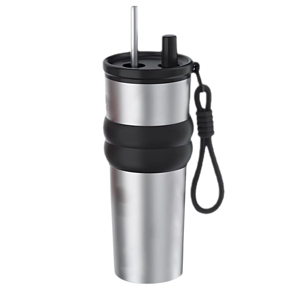 Travel Coffee Cup with 24 oz (710 mL) Capacity, Stainless Steel Cup, 316 Stainless Steel Liner, Leak-Proof Design with Straw and Hand Strap, Black with Bow Pattern, Ideal for Car Use