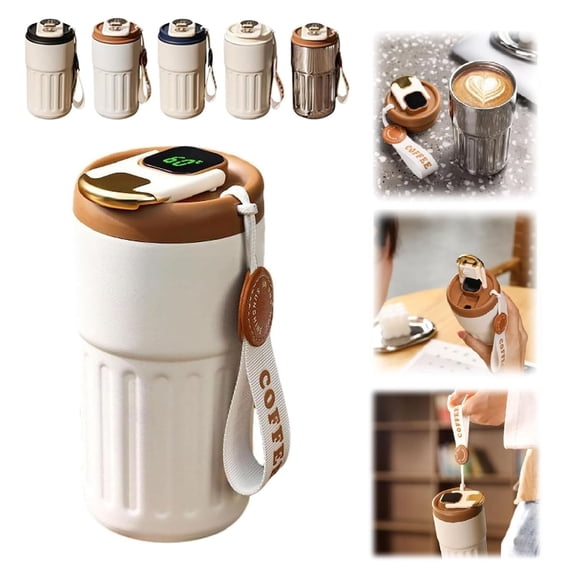 Travel Coffee Mug, Smart Sensing Intelligent Display, 14 Oz Insulated Travel Coffee Mug, Summer Cold Storage Portable Car Stainless Steel Water Cup, White-Brown