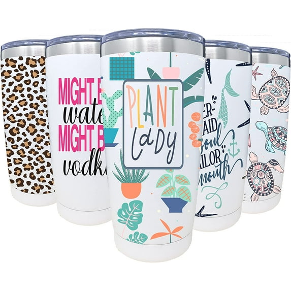 Travel Coffee Mug Tumbler w/ Slider Lid | 20oz Spill Proof Stainless Steel Thermos Cup for Travel | Reusable Insulated Double Wall Design for Iced Coffee & Cold Brew (Plant Lady)