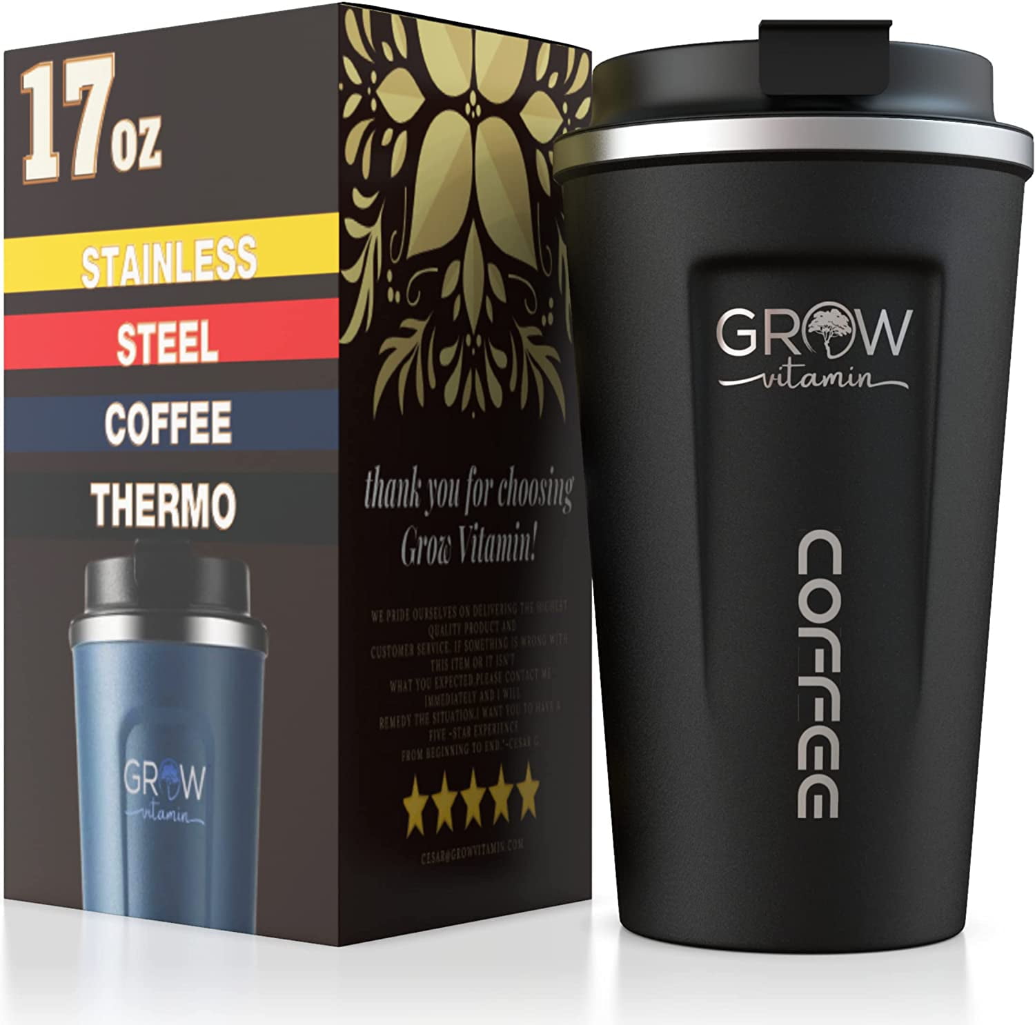 Aspire 17 oz. Stainless Steel Coffee Cup, Double-Insulated Leak Proof Coffee Travel Mug-Black-17oz