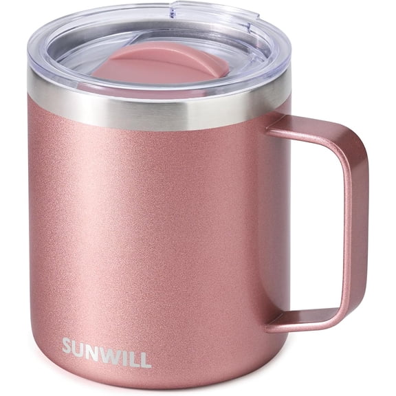 Travel Coffee Mug with Lid, Insulated Tumbler with Handle, 14 oz Stainless Steel Cup for Ice, Water, Tea, Rose Gold