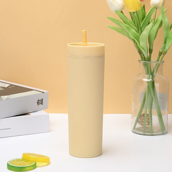 Travel Coffee, Stainless Steel Straw, 16Oz, Double Wall Insulated, Matte Rubber Finish, Straight Cylinder, Light Yellow, Daily On-The-Go Use, 1 Pc