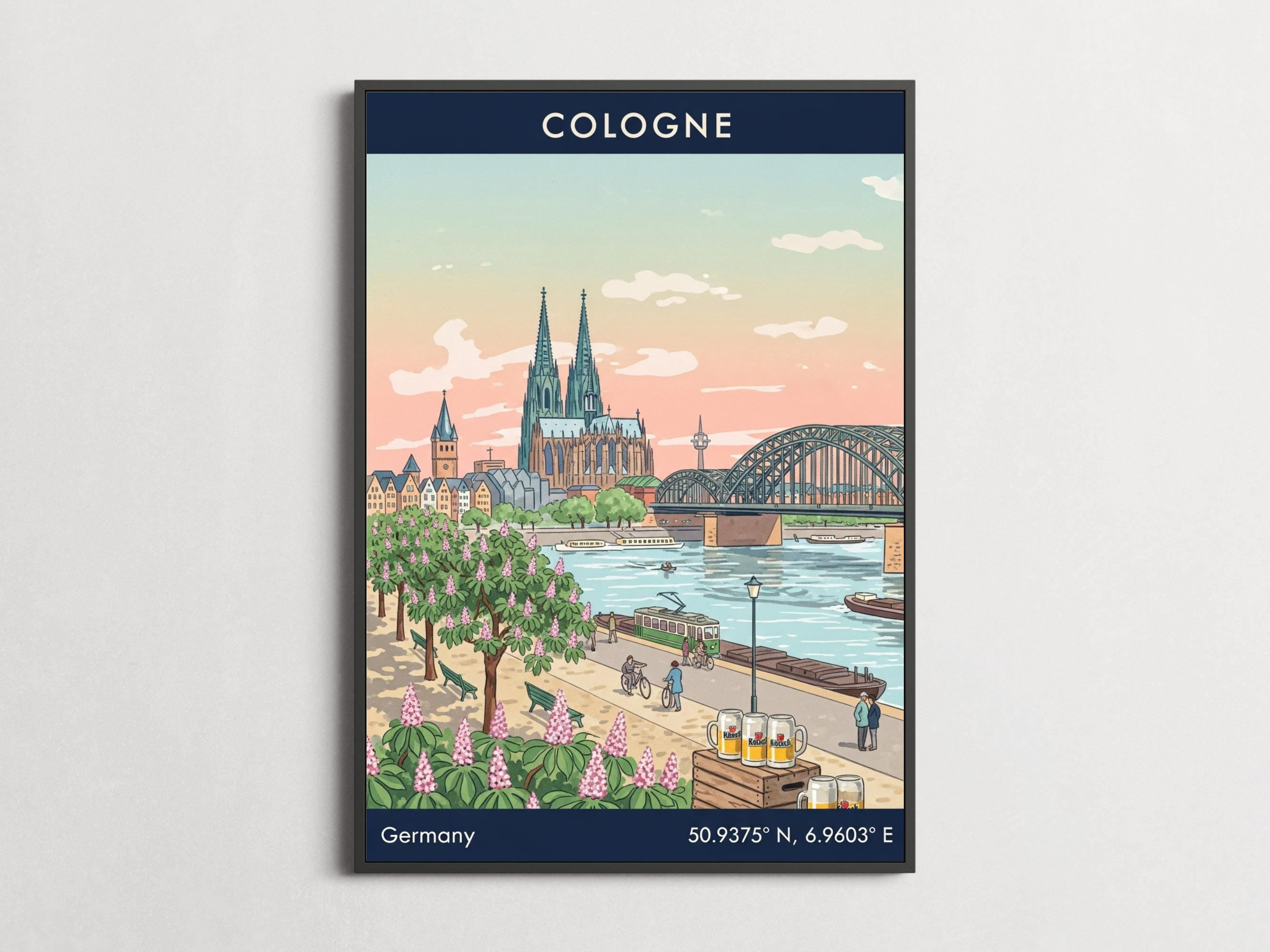 Travel Cologne Cathedral Vintage And Illustrated Cityscape Poster ...