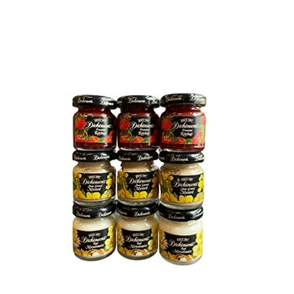 Travel Condiments Miniature Deluxe Glass Jars: Dickinson's Ketchup 1.4 oz Stone Ground Mustard 1.4 oz Mayonnaise 1.2 oz 3 Jars Each 9 Jars Total