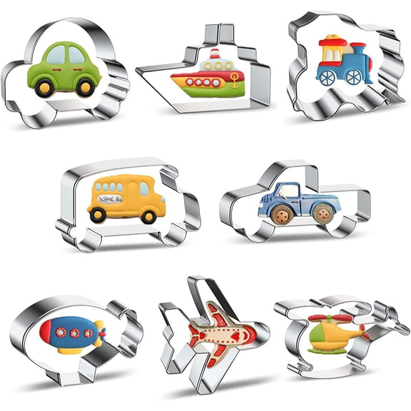 Travel Cookie Cutter Set 8-Piece Transportation and Vehicles Cookie Cutters with Car, Airplane, Train, Bus, Helicopter, Vintage Truck, Airship, Cruise Ship Shapes Biscuit Molds for Kids Baking Party