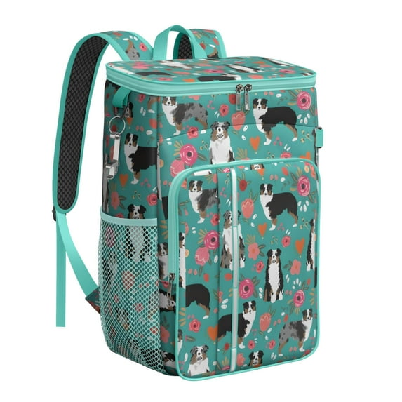 Travel Cooler Bag - Australian Shepherd Floral Camping Beer Cooler Backpack with Bottle Opener- Waterproof Insulated Picnic Backpacks - Cooler Bag for Beach