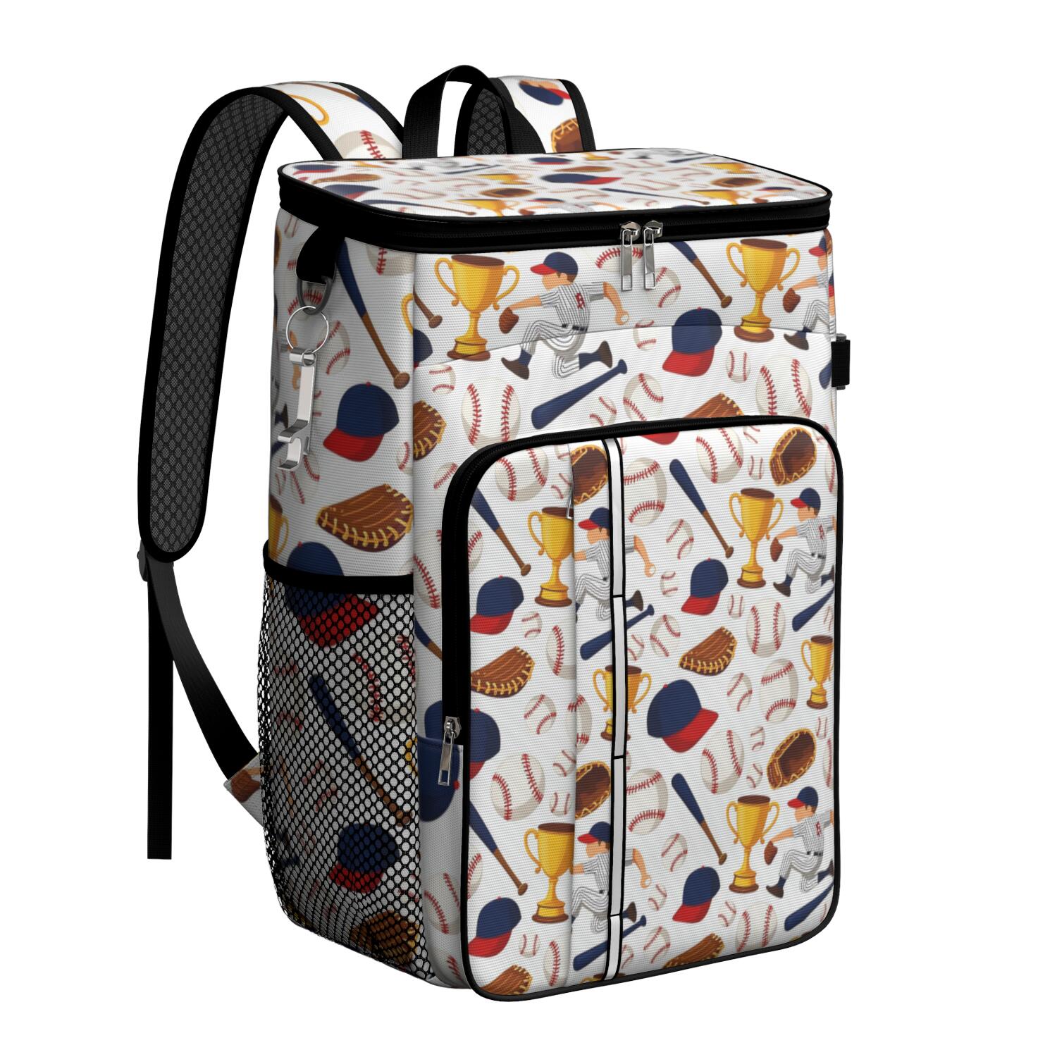 Travel Cooler Bag - Baseball Elements and Trophies Pattern Camping Beer Cooler Backpack with Bottle Opener- Waterproof Insulated Picnic Backpacks - Cooler Bag for Beach