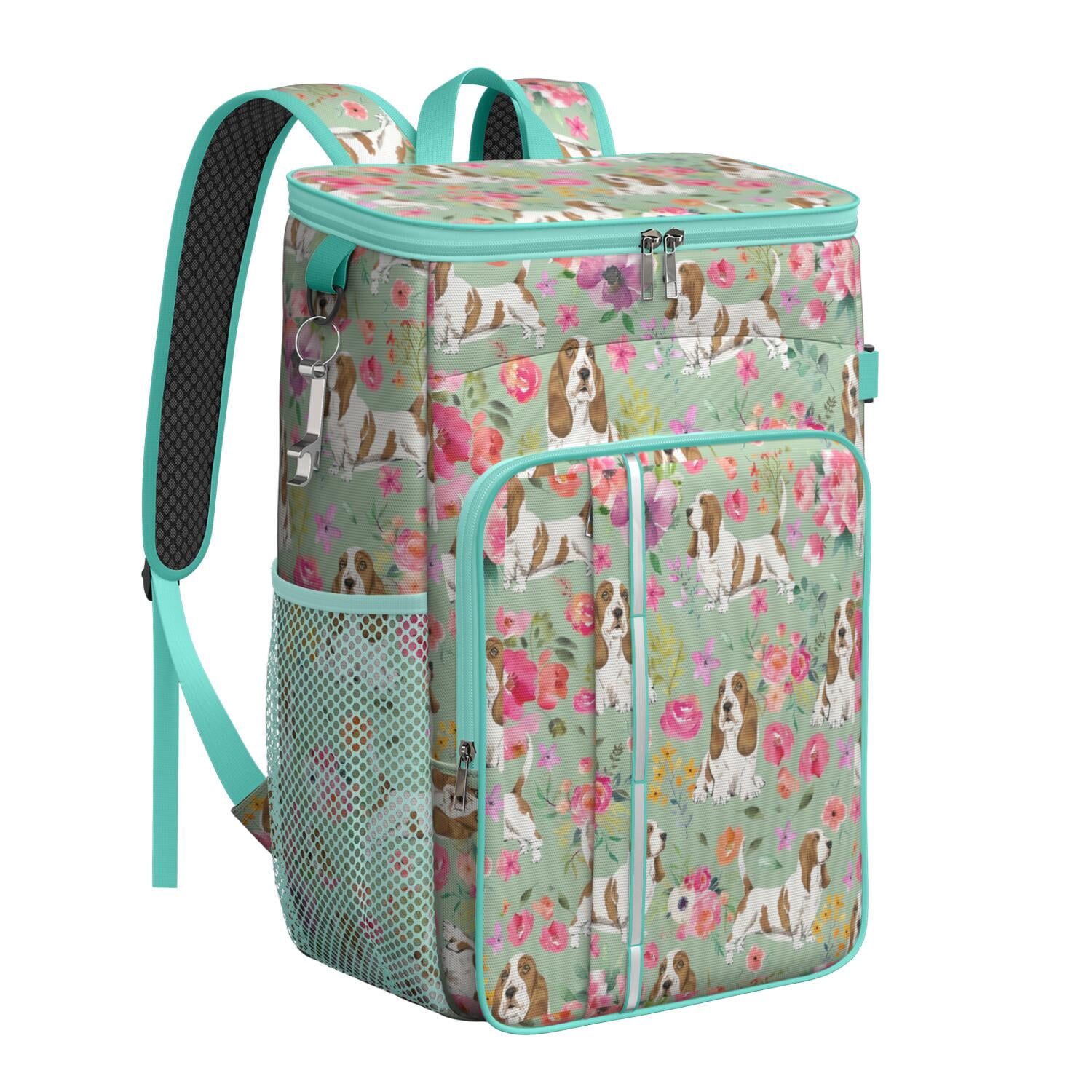 Travel Cooler Bag - Basset Hound and Flowers Camping Beer Cooler Backpack with Bottle Opener- Waterproof Insulated Picnic Backpacks - Cooler Bag for Beach
