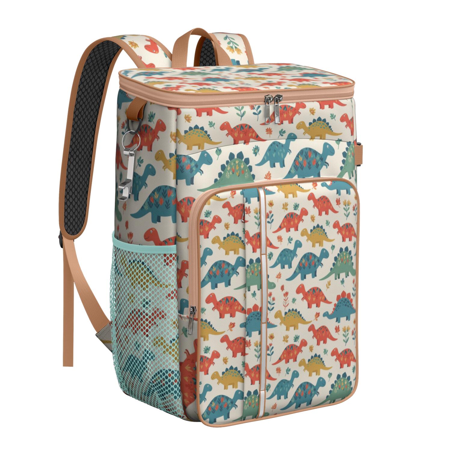 Travel Cooler Bag - Beige Cartoon Dinosaurs Flowers Pattern Camping Beer Cooler Backpack with Bottle Opener- Waterproof Insulated Picnic Backpacks - Cooler Bag for Beach