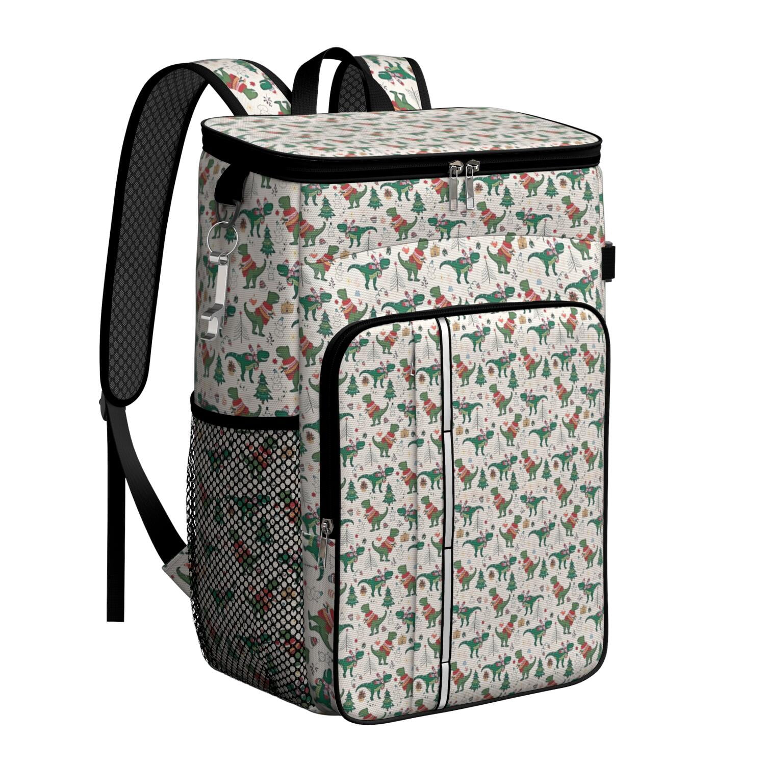 Travel Cooler Bag - Beige Christmas Dinosaur Pattern Camping Beer Cooler Backpack with Bottle Opener- Waterproof Insulated Picnic Backpacks - Cooler Bag for Beach
