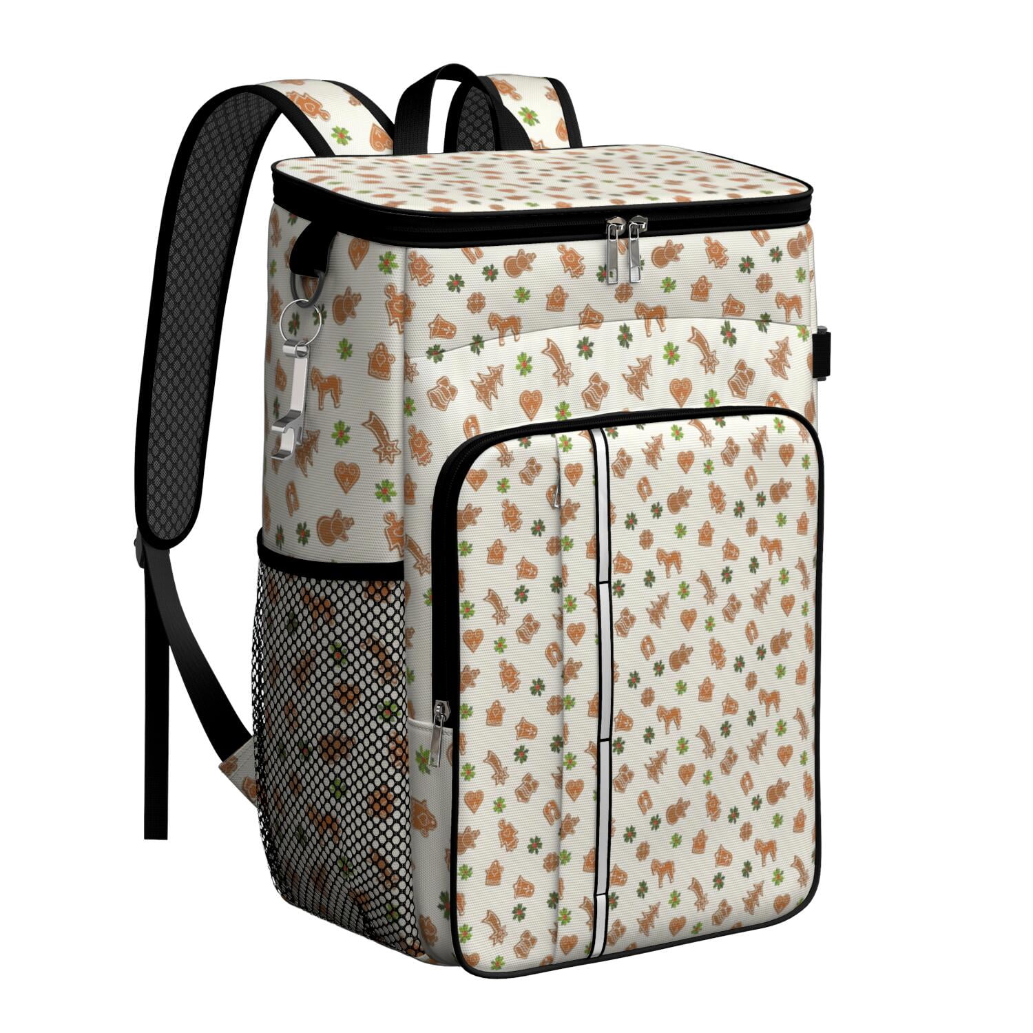 Travel Cooler Bag - Beige Christmas Gingerbread Pattern Camping Beer Cooler Backpack with Bottle Opener- Waterproof Insulated Picnic Backpacks - Cooler Bag for Beach