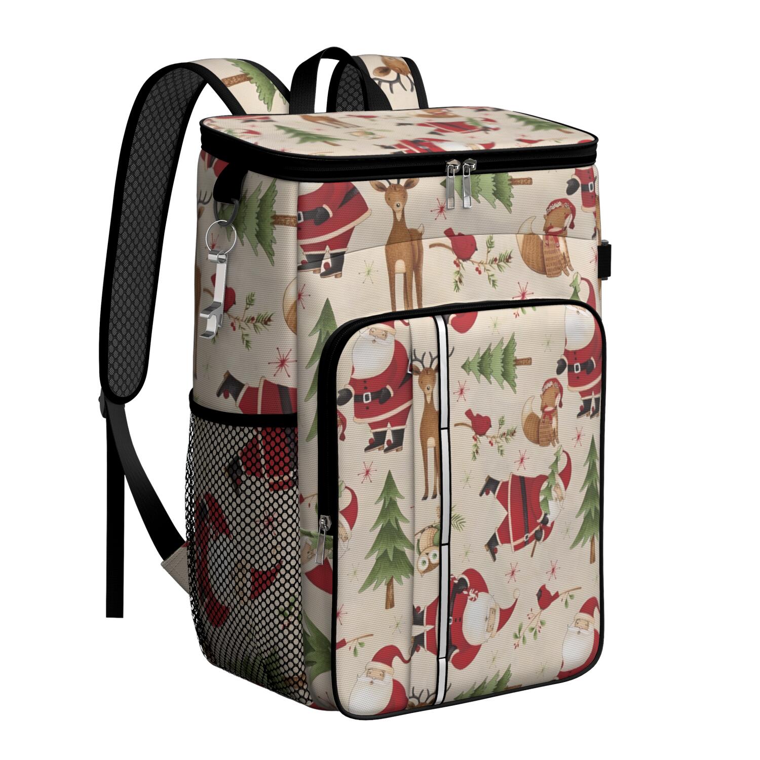 Travel Cooler Bag - Beige Christmas Santa and Animal Pattern Camping Beer Cooler Backpack with Bottle Opener- Waterproof Insulated Picnic Backpacks - Cooler Bag for Beach