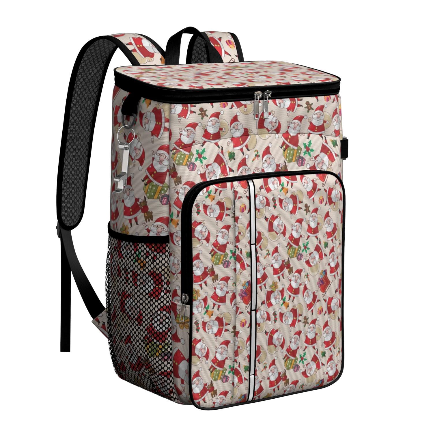 Travel Cooler Bag - Beige Christmas Santa and Gift Pattern Camping Beer Cooler Backpack with Bottle Opener- Waterproof Insulated Picnic Backpacks - Cooler Bag for Beach