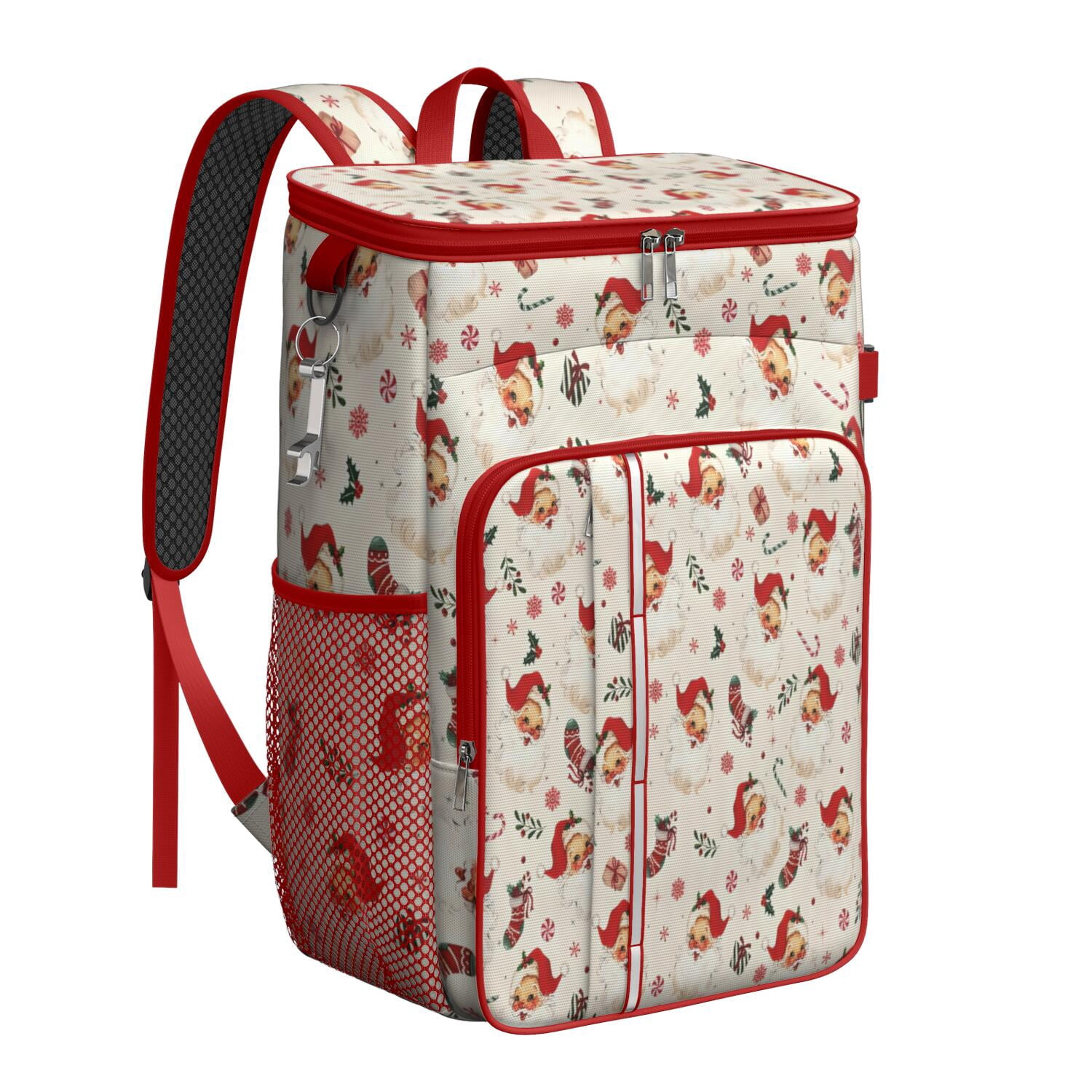 Travel Cooler Bag - Beige Christmas Santa Pattern Camping Beer Cooler Backpack with Bottle Opener- Waterproof Insulated Picnic Backpacks - Cooler Bag for Beach