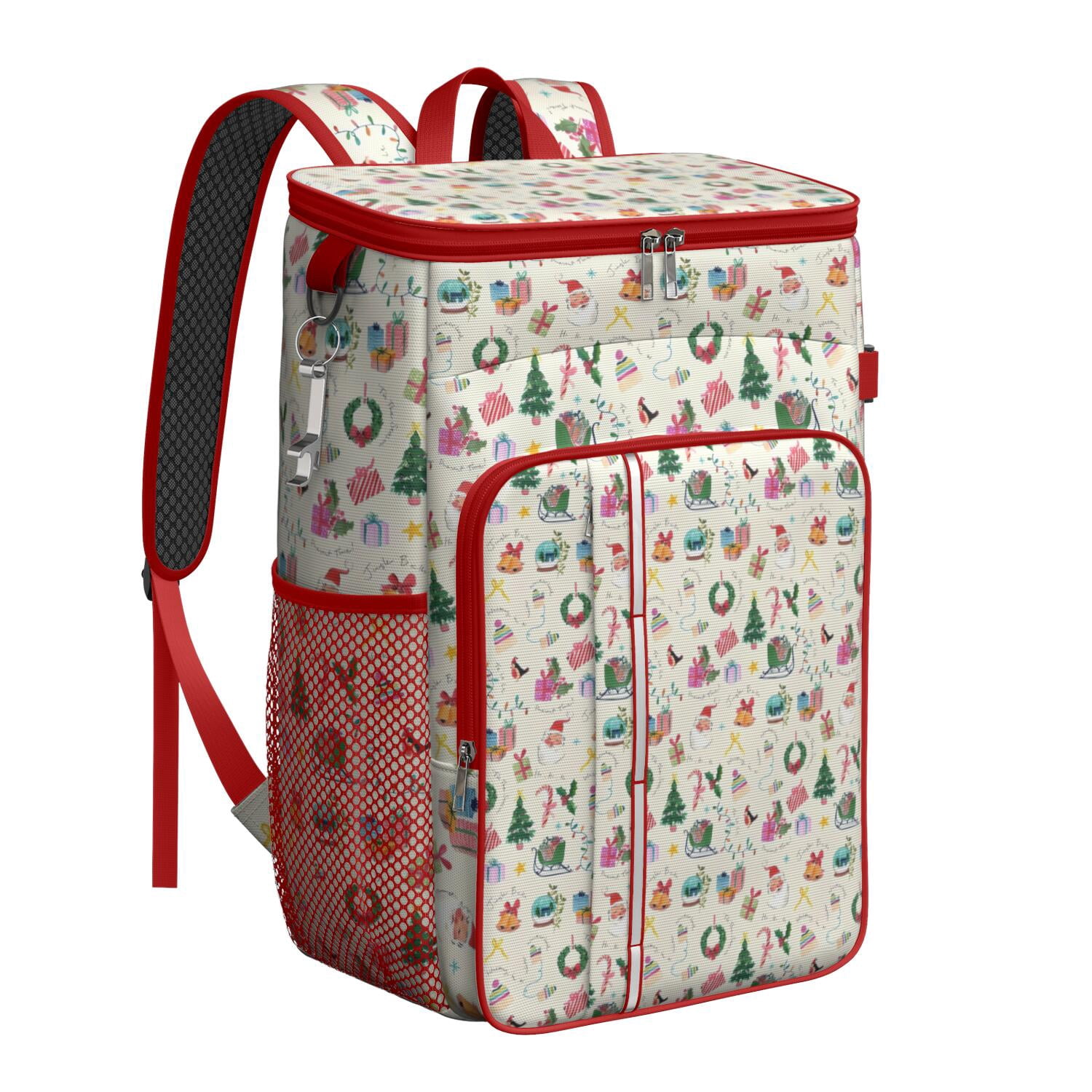 Travel Cooler Bag - Beige Christmas Santa Pattern Camping Beer Cooler Backpack with Bottle Opener- Waterproof Insulated Picnic Backpacks - Cooler Bag for Beach