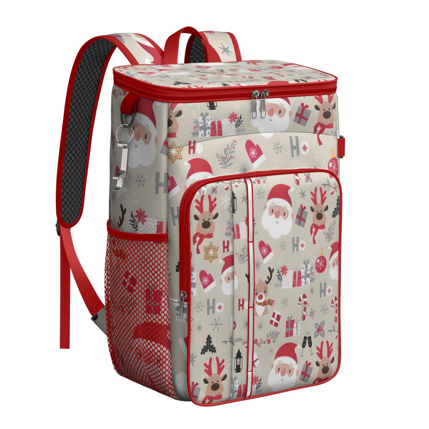 Travel Cooler Bag - Beige Christmas Santa and Reindeer Pattern Camping Beer Cooler Backpack with Bottle Opener- Waterproof Insulated Picnic Backpacks - Cooler Bag for Beach