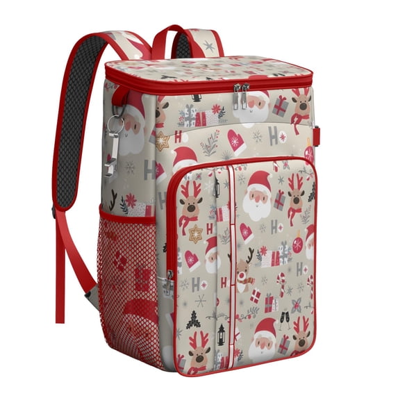 Travel Cooler Bag - Beige Christmas Santa and Reindeer Pattern Camping Beer Cooler Backpack with Bottle Opener- Waterproof Insulated Picnic Backpacks - Cooler Bag for Beach