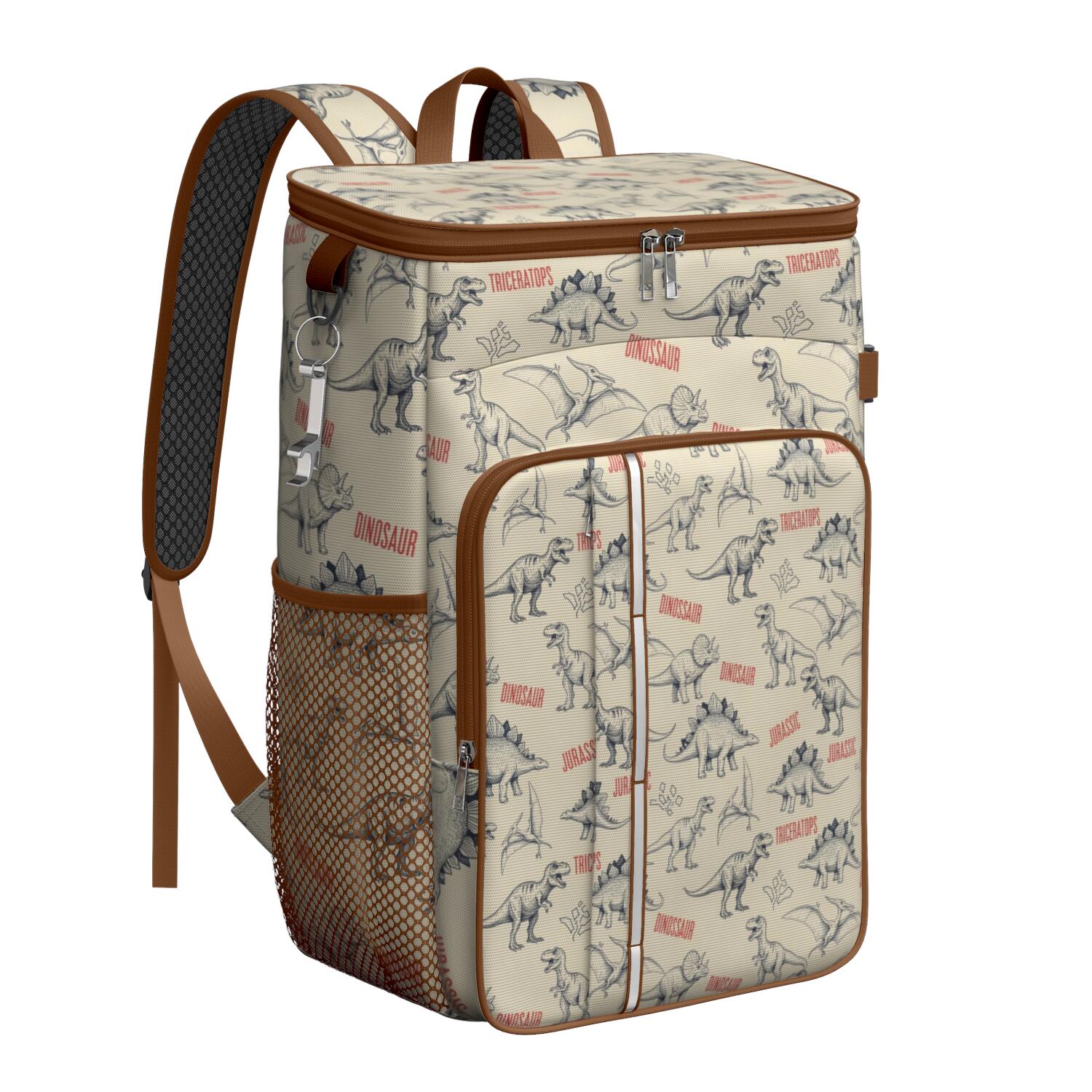 Travel Cooler Bag - Beige Dinosaurs Text Pattern Camping Beer Cooler Backpack with Bottle Opener- Waterproof Insulated Picnic Backpacks - Cooler Bag for Beach
