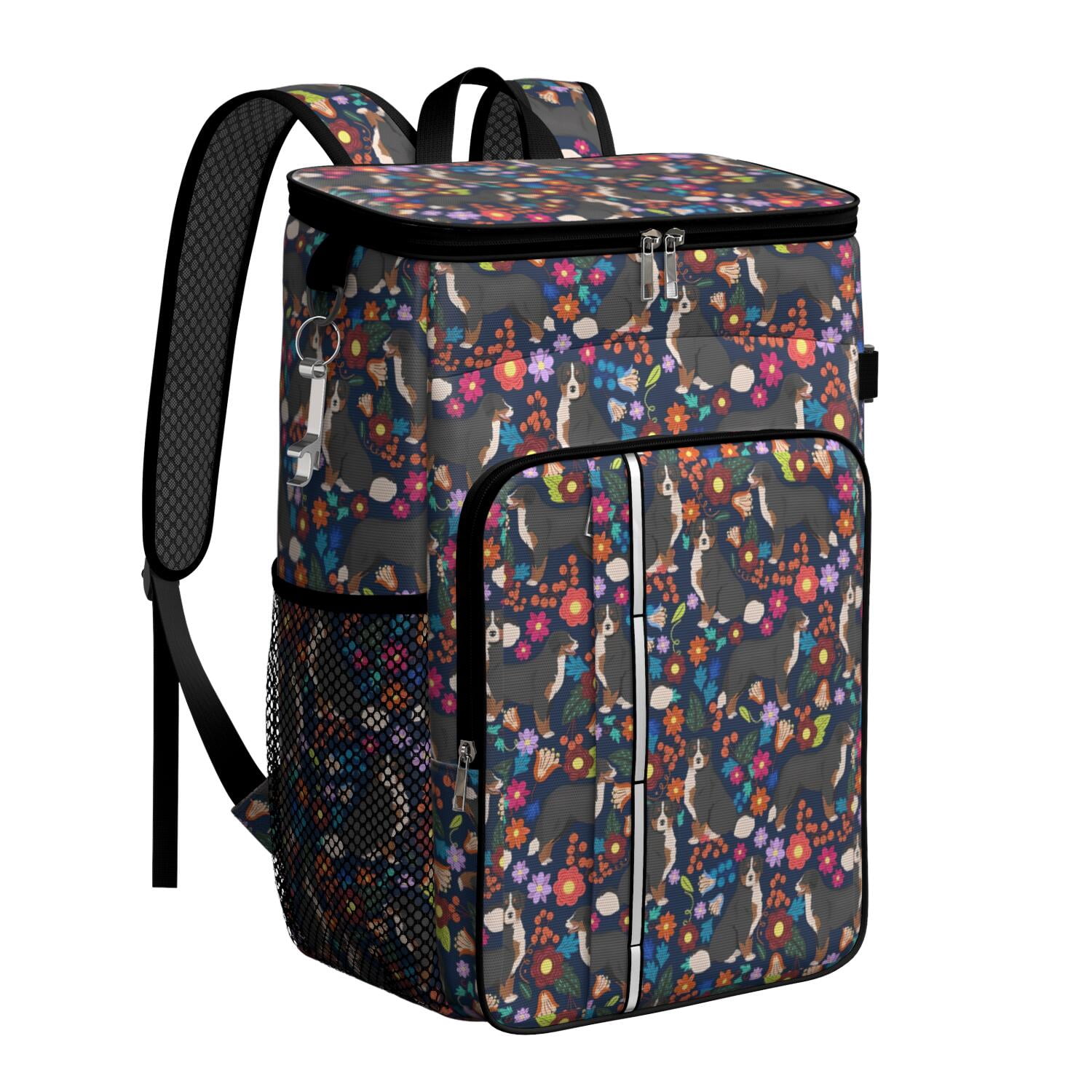 Travel Cooler Bag - Bernese Mountain and Flower Camping Beer Cooler Backpack with Bottle Opener- Waterproof Insulated Picnic Backpacks - Cooler Bag for Beach