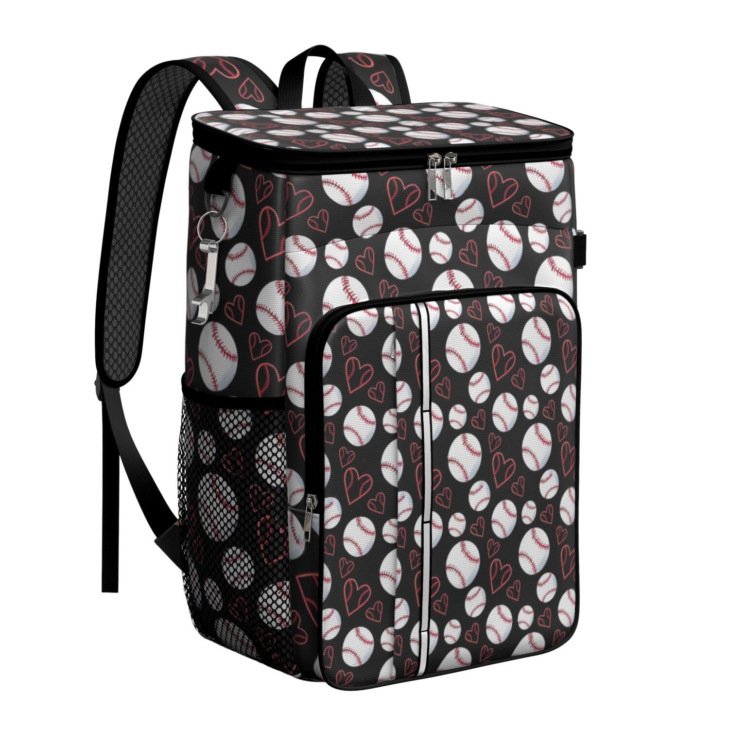 Travel Cooler Bag - Black Baseballs and Hearts Pattern Camping Beer Cooler Backpack with Bottle Opener- Waterproof Insulated Picnic Backpacks - Cooler Bag for Beach