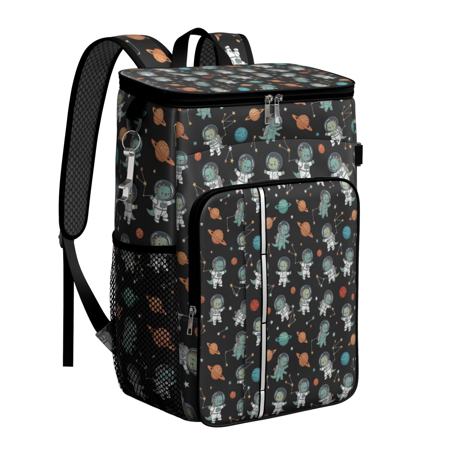 Travel Cooler Bag - Black Cartoon Astronaut Dinosaurs Planets Pattern Camping Beer Cooler Backpack with Bottle Opener- Waterproof Insulated Picnic Backpacks - Cooler Bag for Beach